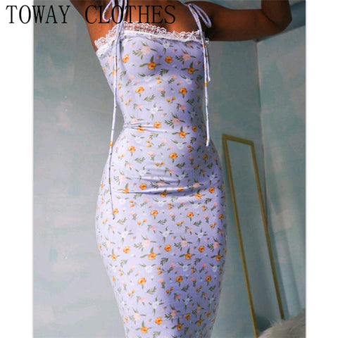 Spaghetti Strap Square Neck Floral Print Tied Detail Lace Trim Chic Midi Dress