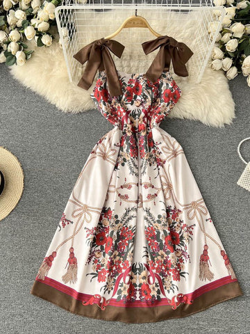 Spaghetti Straps Beach Dress 2023 Summer Bow Tie Off Shoulder Sleeveless Floral Print Slip Dress Holiday Boho Tank Dresses N7542
