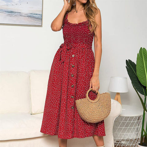 Spaghetti Straps Dress Summer  Women Sleeveless Seaside Sling Wave Point Ruffle Casual Loose Midi Dress Female Vestidos