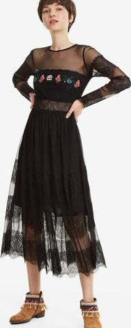 Spanish Mesh Stitching Embroidery Black Slim Dress