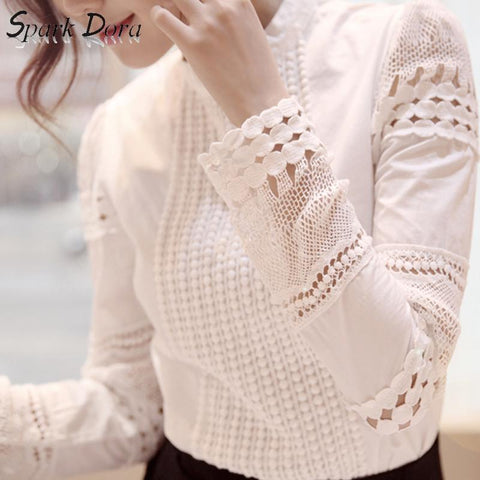 SparkDora Women Tops And Blouses 2023 Slim Long Sleeve White Blouse Shirt Lace Crochet Hollow Out Plus Size Clothes