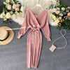 Sparkling Sexy Party Dress Woman Sweater Elegant Slim V-Neck Basic Knitted Green Vintage Dresses Female Autumn Winter Bat Sleeve
