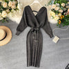 Sparkling Sexy Party Dress Woman Sweater Elegant Slim V-Neck Basic Knitted Green Vintage Dresses Female Autumn Winter Bat Sleeve