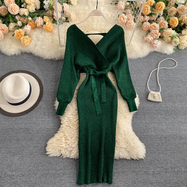 Sparkling Sexy Party Dress Woman Sweater Elegant Slim V-Neck Basic Knitted Green Vintage Dresses Female Autumn Winter Bat Sleeve