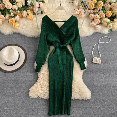Sparkling Sexy Party Dress Woman Sweater Elegant Slim V-Neck Basic Knitted Green Vintage Dresses Female Autumn Winter Bat Sleeve