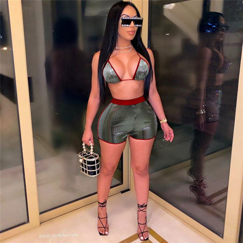 Sparkly Metallic Sexy Club Outfits for Women Shorts 2 Piece Set Night Party Matching Sets Birthday 2 Piece Sets Womens Outfits