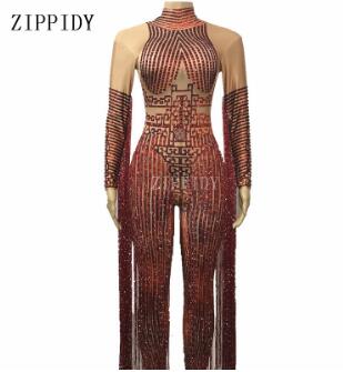 Sparkly red Rhinestones Jumpsuit Female Singer Stage Wear Long Tassel Bodysuit One-piece Costume Glisten Stones Stretch Outfit