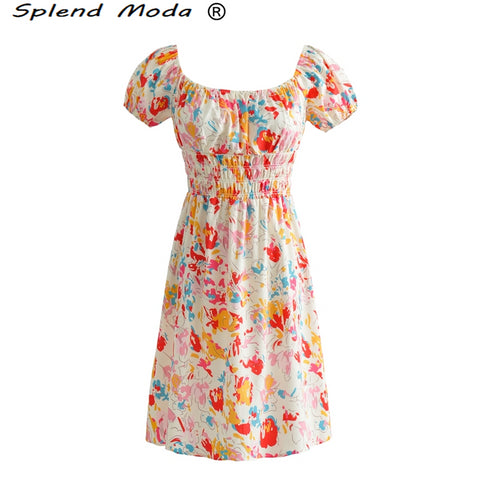 Splend Moda Summer Sweet Chic Floral Printed Mini Dress Women Street Style Square Collar Short Sleeve Elastic Waist Dresses