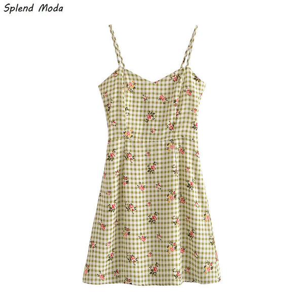 Splend Moda Summer 2023 Prairie Chic Slim Floral Print Spaghetti Strap Folds Dress Plaid A-Line Dresses Women Zipper Vestido