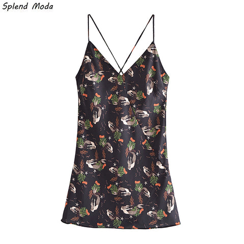 Splend Moda Summer French Vintage Sexy V-Neck Spaghetti Strap Floral Print Backless Lace-Up Sling Dress Women Vestido
