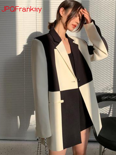 Spliced Black-white Contrast Suit Jacket Female 2023 Spring and Autumn Retro Design Loose Suit Blazer Women Jacket Women