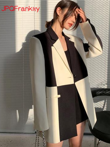 Spliced Black-white Contrast Suit Jacket Female 2023 Spring and Autumn Retro Design Loose Suit Blazer Women Jacket Women