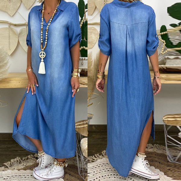 Split Denim Dress Fashionable And Comfortable Straight Dress Long Shirt Cotton Long Vestidos Mujer 2023 Roupas Femininas