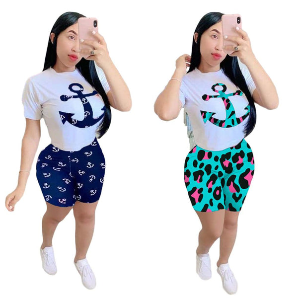 Sport suit for ladies Casual print sport suit with round neck and short sleeves for ladies two-piece suit for ladies