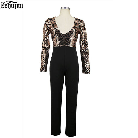 Spot Hot Women's sexy jumpsuit V collar Long sleeves Sequin jumpsuits Autumn And Winter Bodycon Rompers Women's trousers A2000