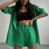 SpotLtWM Casual Lounge Wear Summer Green Tracksuit Women Shorts Set Short Sleeve Shirt Tops And Loose Mini Shorts Two Piece Set