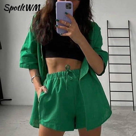 SpotLtWM Casual Lounge Wear Summer Green Tracksuit Women Shorts Set Short Sleeve Shirt Tops And Loose Mini Shorts Two Piece Set