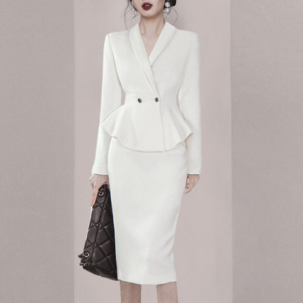 Spring 2 Piece Skirt Suits Office Ladies Ruffles Blazer and Pencil Mid Skirt Female Business Interview Suit Sets