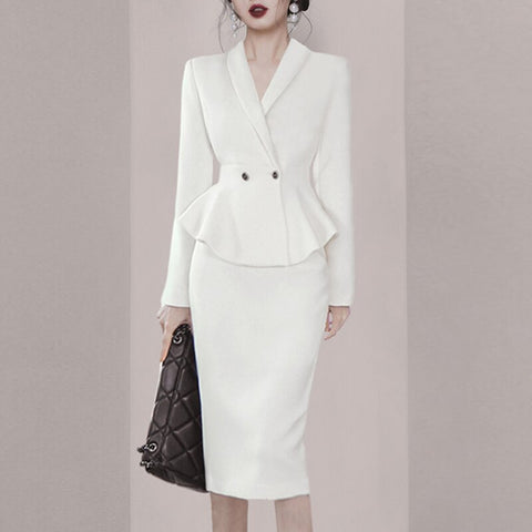 Spring 2 Piece Skirt Suits Office Ladies Ruffles Blazer and Pencil Mid Skirt Female Business Interview Suit Sets