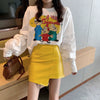 Spring 2 Piece Women  Loose Casual Long Lantern Sleeve Cartoon Tees Blouses Tops And Lemon PU Slim Party Ladies Skirt Suit NS637