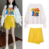 Spring 2 Piece Women  Loose Casual Long Lantern Sleeve Cartoon Tees Blouses Tops And Lemon PU Slim Party Ladies Skirt Suit NS637