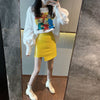 Spring 2 Piece Women  Loose Casual Long Lantern Sleeve Cartoon Tees Blouses Tops And Lemon PU Slim Party Ladies Skirt Suit NS637
