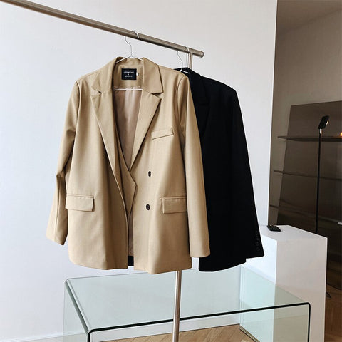 Spring 2022 Elegant Women Blazer Double Placket Design Sense Suit Jacket Female Korean Black Khaki Loose Casual Suit Coat