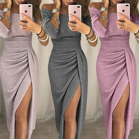 Spring 2022 Women Off Shoulder Slash Neck Dress Elegant Package Hip Party Dress High Waist Bodycon High Split Sexy  Long Dress