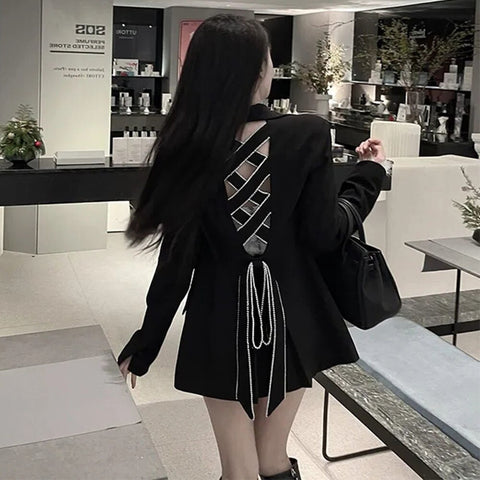Spring 2023 Autumn Backless Bandage Suit Jacket Women Long Sleeve Black Female Coat Blazer Mujer Veste Femme Outwear