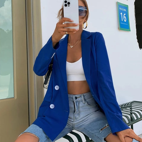 Spring 2023 Womens Royal Blue Blazer for Women Office Lady Single Breasted Long Sleeve Pocketed Blazer Jacket Coat