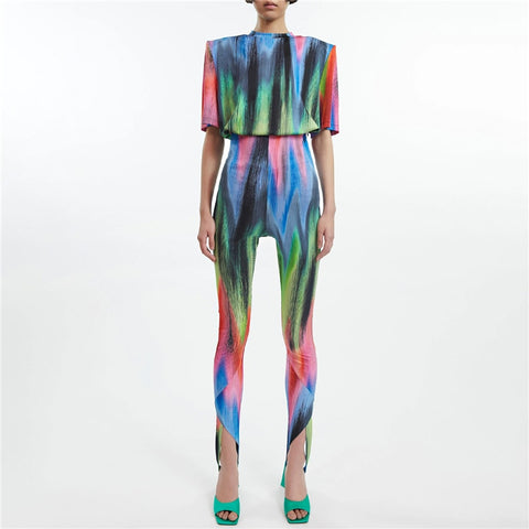 Spring 2023 stretch cotton tie-dye round neckshoulder padshort-sleeved T-shirt suit women's high-waist trousers bing