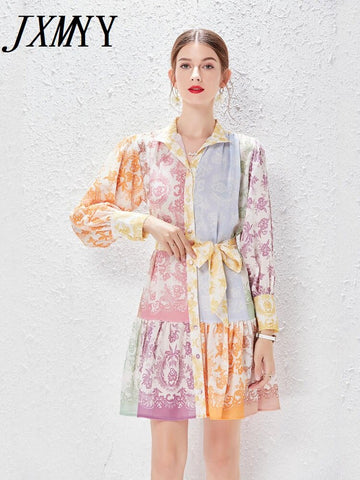 Spring And Autumn And Elegant Temperament Stand-Up Collar Single-Breasted Lantern Sleeve Stitching Print Dress Women's