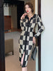 Spring And Autumn Checkerboard Self-Cultivation Elegant Temperament Long Knitted Cardigan Dress Women's Long Skirt