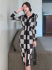 Spring And Autumn Checkerboard Self-Cultivation Elegant Temperament Long Knitted Cardigan Dress Women's Long Skirt