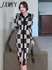 Spring And Autumn Checkerboard Self-Cultivation Elegant Temperament Long Knitted Cardigan Dress Women's Long Skirt