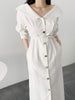 Spring And Autumn Chic Elegant Temperament Collar Metal Single-Breasted Tie Waist Slim Puff Sleeve Dress Long Ckirt