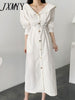 Spring And Autumn Chic Elegant Temperament Collar Metal Single-Breasted Tie Waist Slim Puff Sleeve Dress Long Ckirt