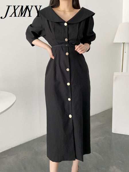 Spring And Autumn Chic Elegant Temperament Collar Metal Single-Breasted Tie Waist Slim Puff Sleeve Dress Long Ckirt