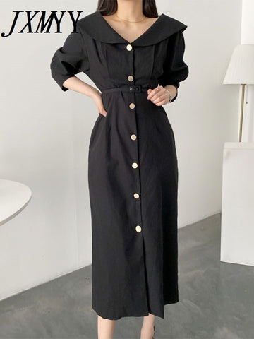 Spring And Autumn Chic Elegant Temperament Collar Metal Single-Breasted Tie Waist Slim Puff Sleeve Dress Long Ckirt