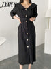Spring And Autumn Chic Elegant Temperament Collar Metal Single-Breasted Tie Waist Slim Puff Sleeve Dress Long Ckirt