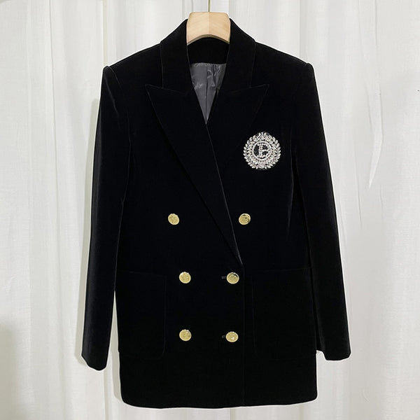 Spring And Autumn British Style Rhinestone Loose Double-breasted All-match Velvet Suit Jacket Women Blazers
