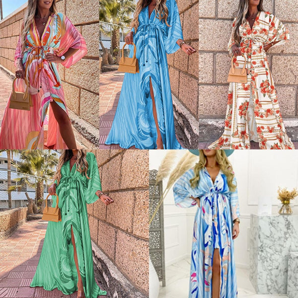 Spring And Autumn Vacation Style V-neck Slim-fit Printing And Dyeing Long Mopping Dress Women
