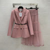 Spring And Autumn Women's Skirt Set Belt Brooch Suit Coat With Elastic Waist Mesh Perspective Pleated Skirt