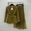Spring And Autumn Women's Skirt Set Belt Brooch Suit Coat With Elastic Waist Mesh Perspective Pleated Skirt