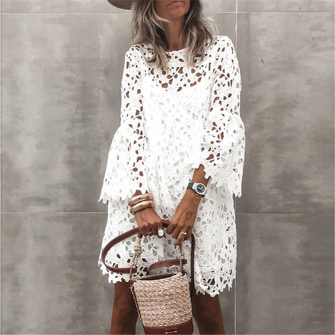 Spring And Summer Dress  Style Women Round Neck Lace Trumpet Sleeve Ruffle Dress Плюс Размеры Платья Female Blusas Vestidos