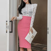 Spring Autumn 2 Pieces RuffleS Hollow Lace Bodycon Women Pencil Dress Office Lady Evening Party Sexy OL Simple Series Dresses