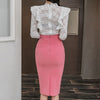 Spring Autumn 2 Pieces RuffleS Hollow Lace Bodycon Women Pencil Dress Office Lady Evening Party Sexy OL Simple Series Dresses