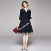 Spring Autumn 2022 Office Lady Lace-up Belt High Waist V-Neck Dress Women Vintage Flower Embroidery Elegant Midi A-Line Dress
