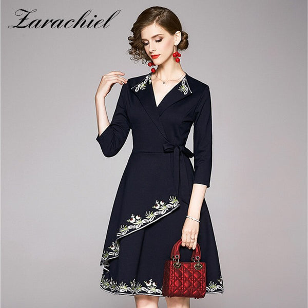 Spring Autumn 2022 Office Lady Lace-up Belt High Waist V-Neck Dress Women Vintage Flower Embroidery Elegant Midi A-Line Dress