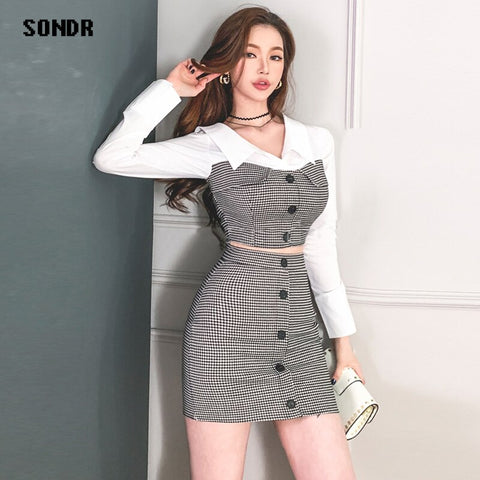 Spring Autumn 2022 Korean Suit Collar Plaid Single-Breasted Short Shirt+ Bag Hip Skirt Suit Suitable For Office Ladies Suit Set